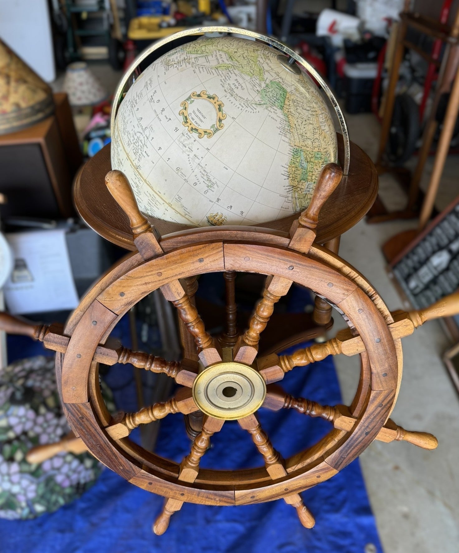 Wooden Ships Wheel and Pedastal Globe