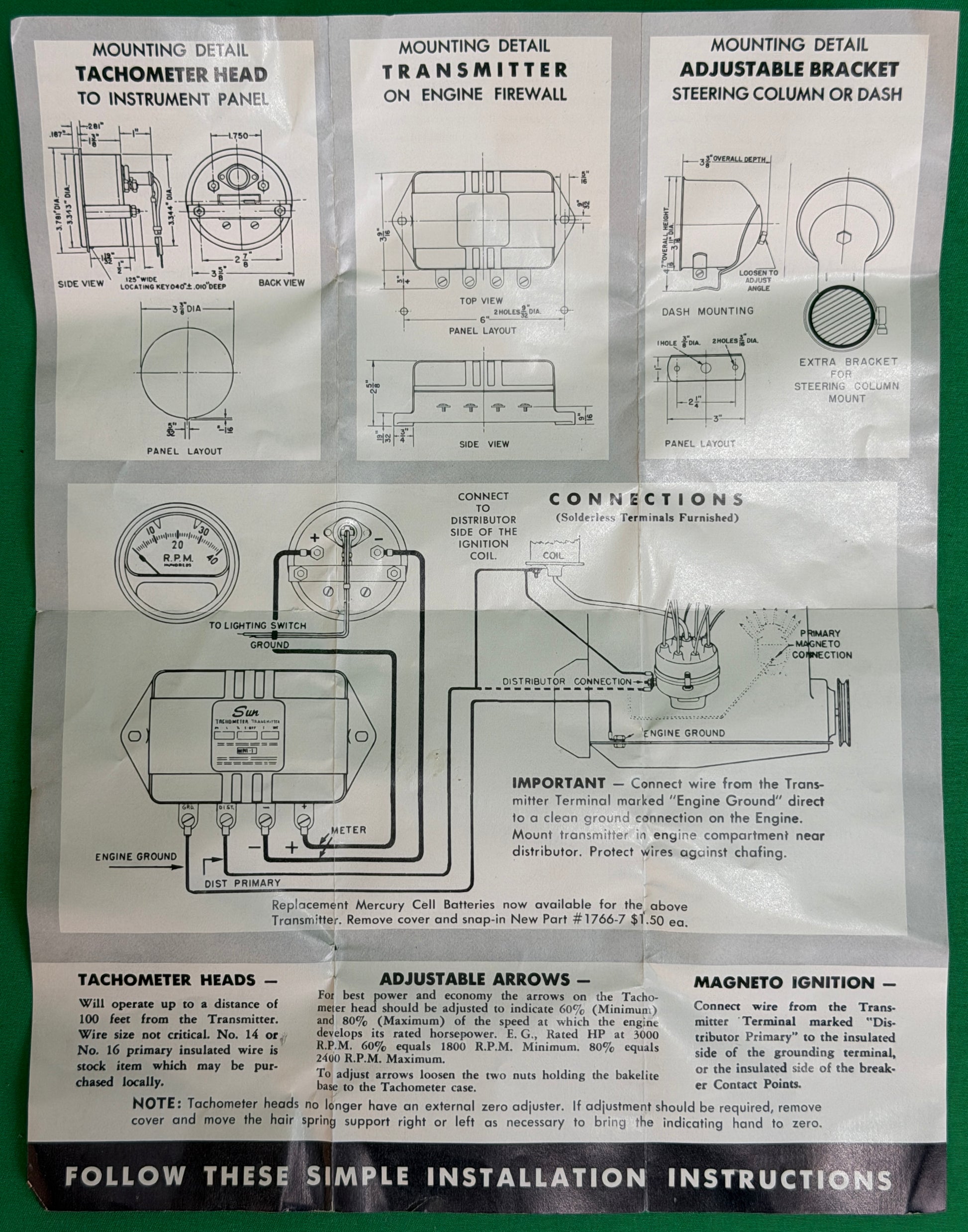 GM / Sun Electric RB (50) Tachometer Head Instructions