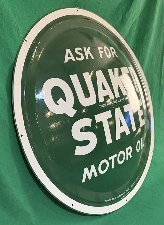 Vintage 24" Quaker State Motor Oil Button Sign Green/White-1960s-1970s