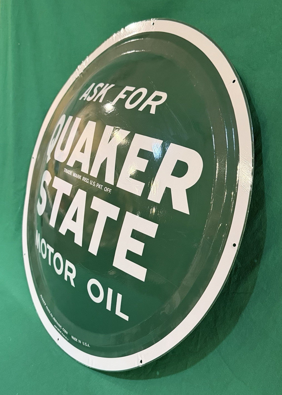 Vintage 24" Quaker State Motor Oil Button Sign Green/White-1960s-1970s