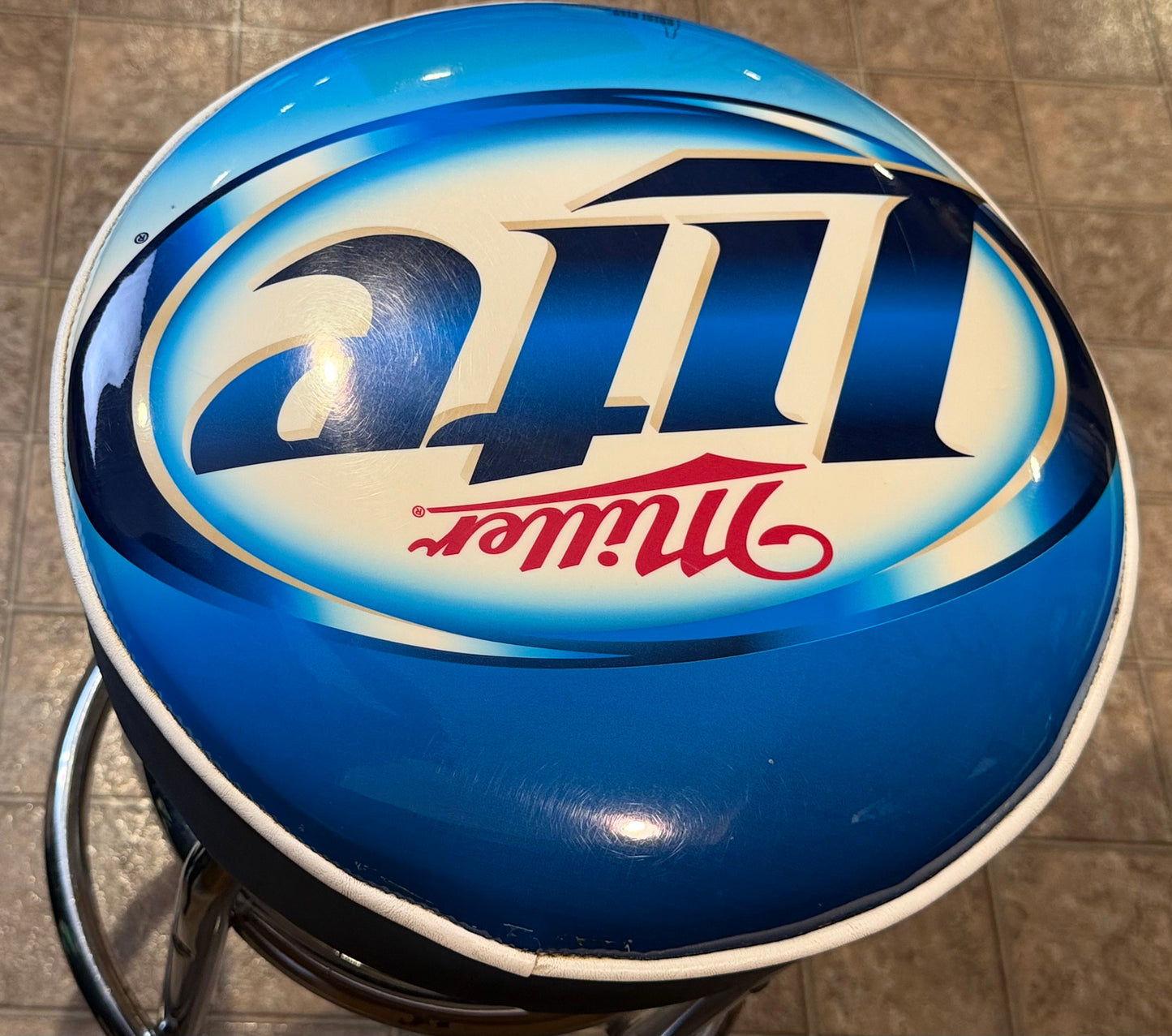 Miller Lite Blue Padded Swivel Chrome Bar Stool