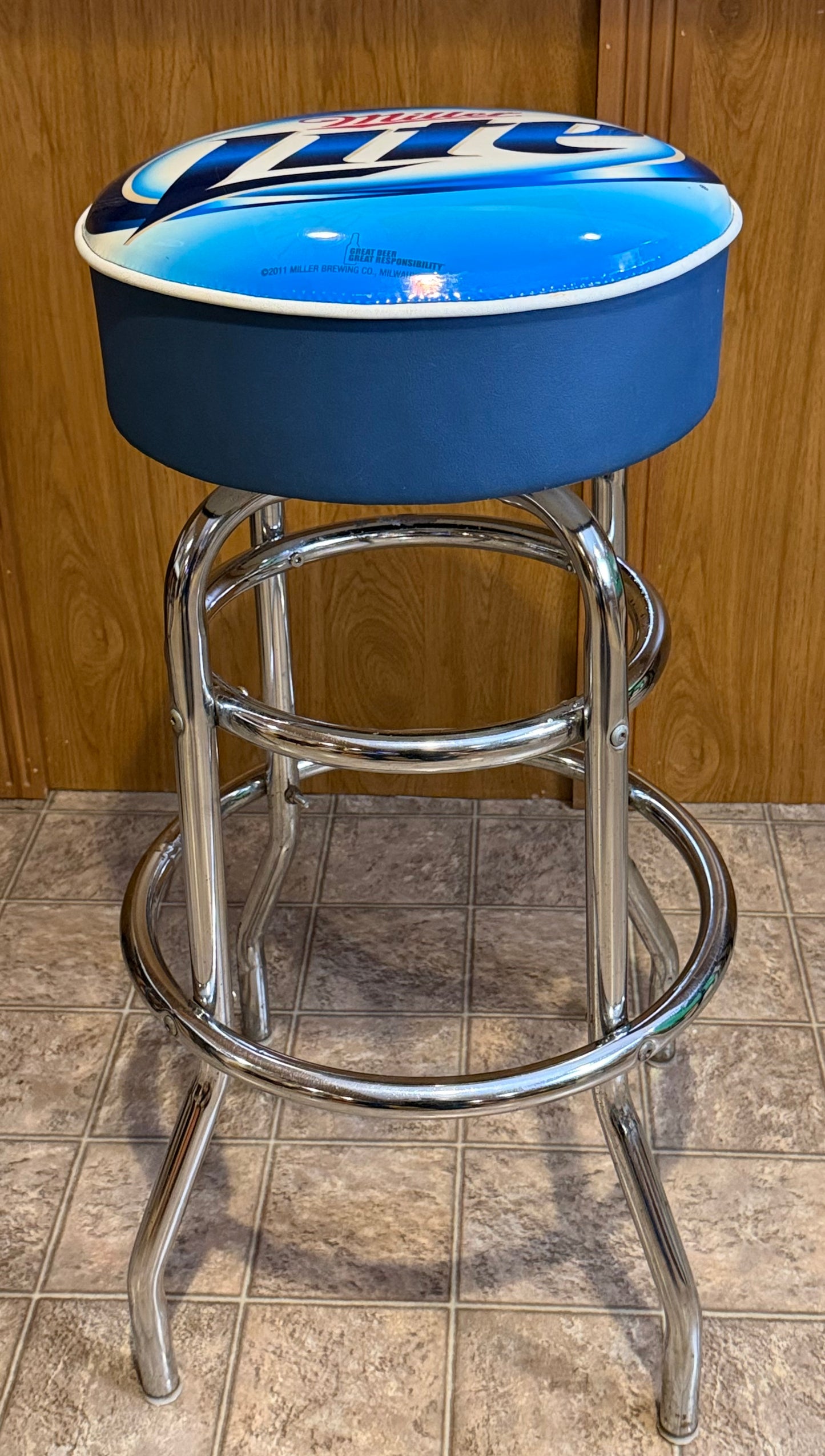 Miller Lite Blue Padded Swivel Chrome Bar Stool