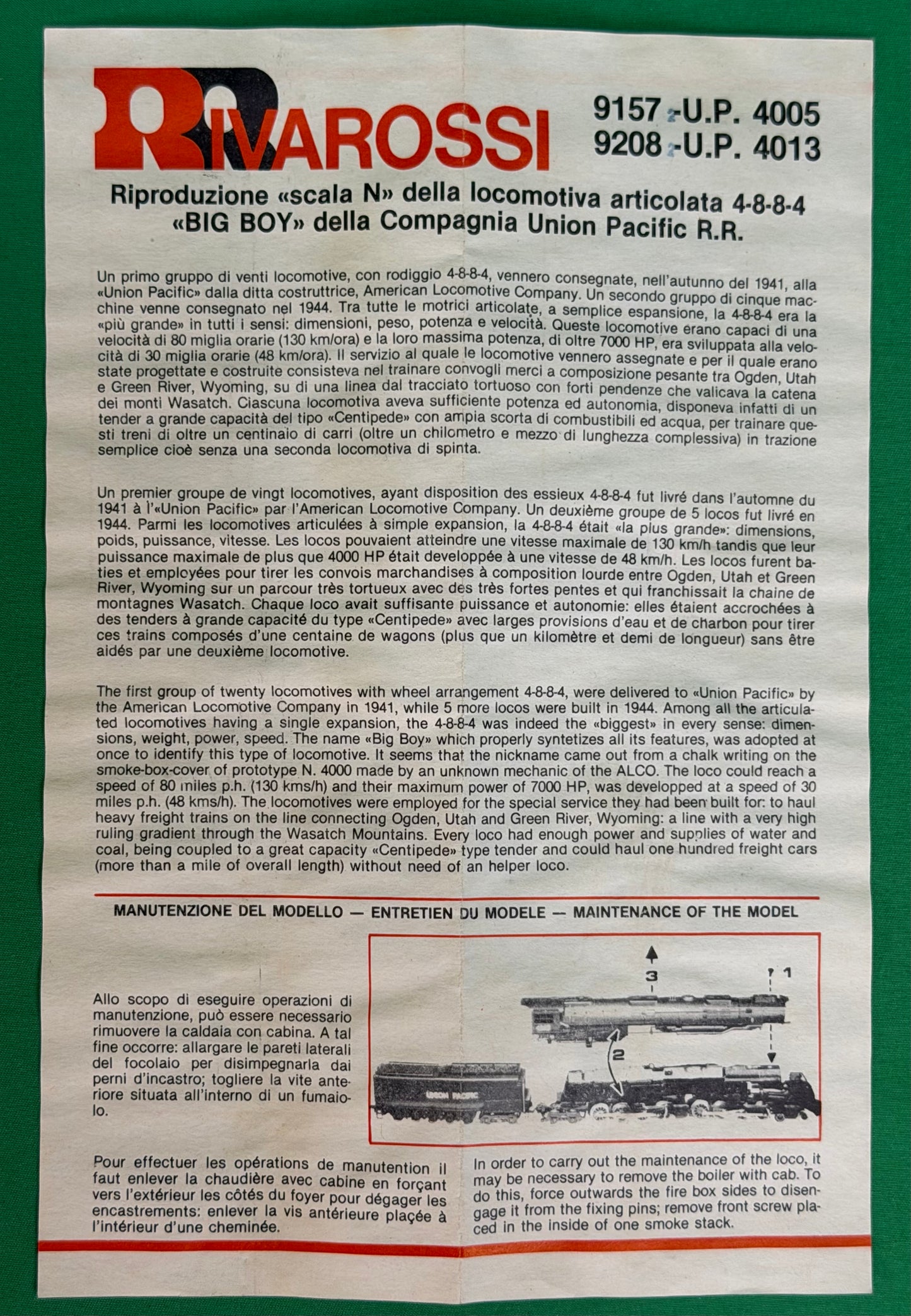 Rivarossi N Gauge Union Pacific 4-8-8-4 Big Boy #4013 Instructions