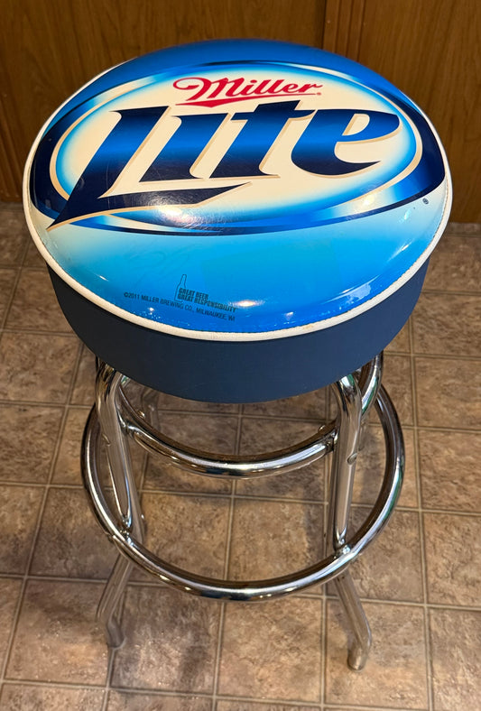 Miller Lite Blue Padded Swivel Chrome Bar Stool