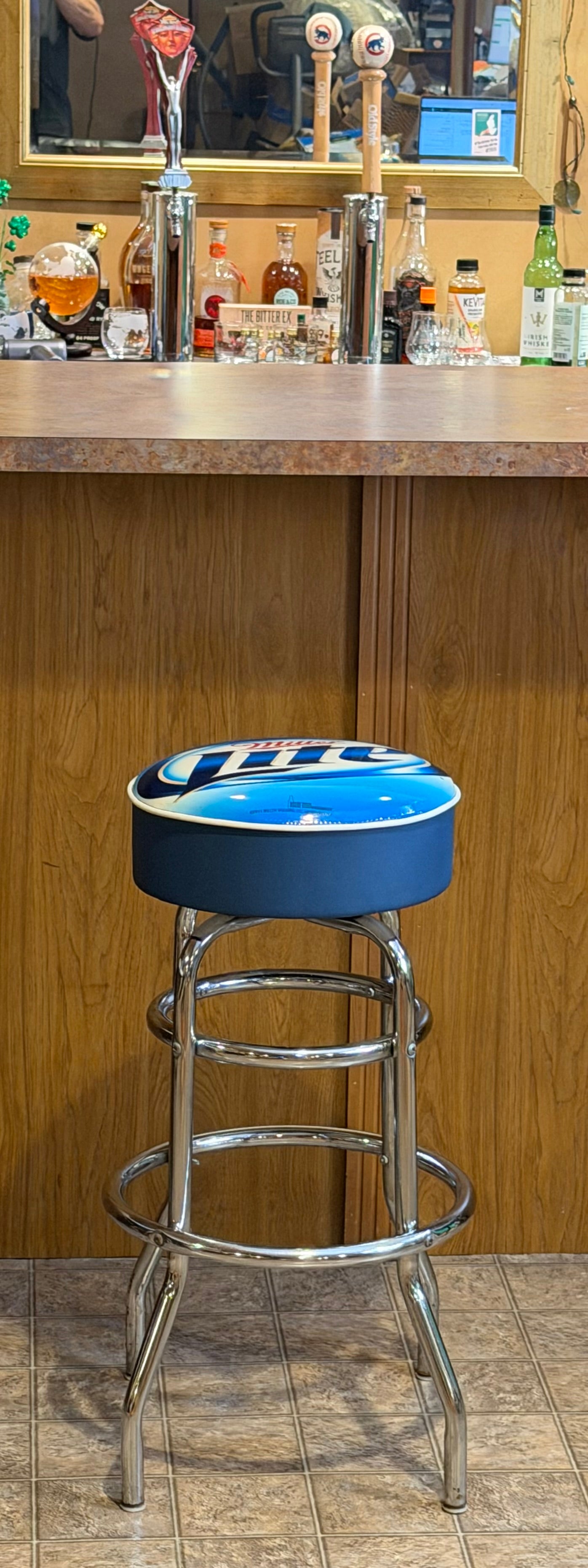 Miller Lite Blue Padded Swivel Chrome Bar Stool